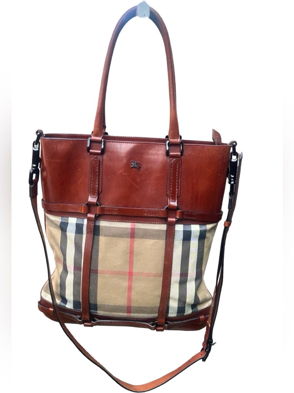 Burberry Vintage House Check Canvas & Bridle Leather Slim Tote & Crossbody Bag